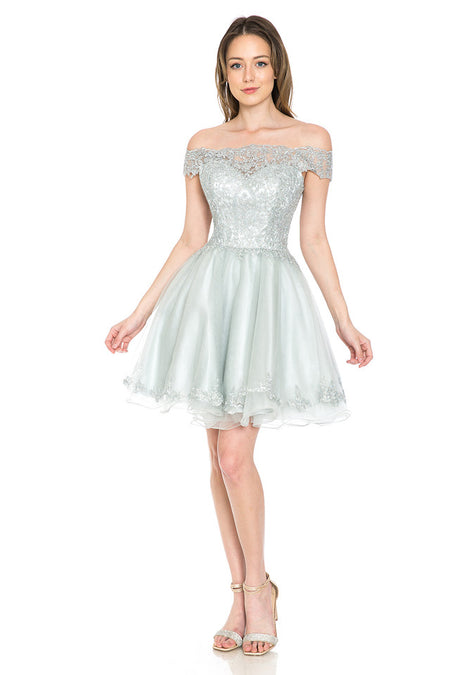 Off-Shoulder Embroidered Bodice Short Tulle Dress with Scalloped Neckline for Special Events By LAF8124
