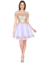 Load image into Gallery viewer, Off-Shoulder Embroidered Bodice Short Tulle Dress with Scalloped Neckline for Special Events By LAF8124