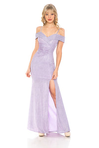 La Merchandise LN5213 Shiny Off Shoulder Long Stretchy Evening Gown - LILAC - LA Merchandise
