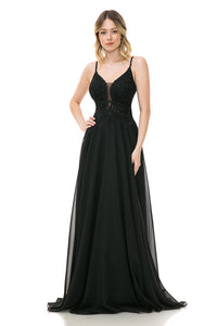 LA Merchandise LAF8185 Lace Appliqué Spaghetti Strap A-Line Gown Formal Prom & Evening Dress