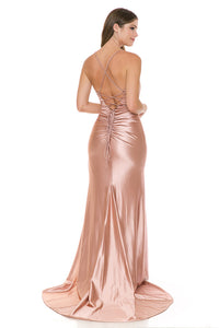 Wholesale Satin Mermaid Evening Gown with Lace Slit & Corset Back Formal Dress By LAF8158