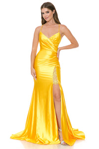 Wholesale Satin Mermaid Evening Gown with Lace Slit & Corset Back Formal Dress By LAF8158