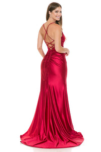 Wholesale Satin Mermaid Evening Gown with Lace Slit & Corset Back Formal Dress By LAF8158