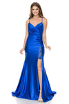 Load image into Gallery viewer, Wholesale Satin Mermaid Evening Gown with Lace Slit &amp; Corset Back Formal Dress By LAF8158 - ROYAL BLUE - Dress LAF