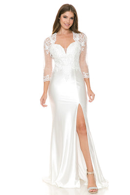 LA Merchandise LAF8175 Beaded Lace Illusion Sleeve Satin Bridal Gown with Slit