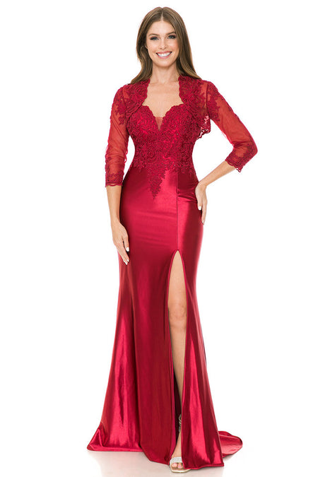 LA Merchandise LAF8175 Satin Lace Appliqué Slit Gown with Sheer Jacket Mother of the Bride Dress