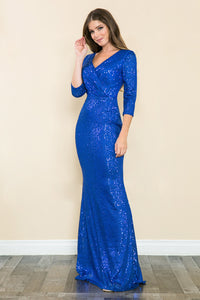LA Merchandise LAF8186 Sequin 3/4 Sleeve Evening Gown V-neck Flattering Fit for Mother Of The Bride Dress