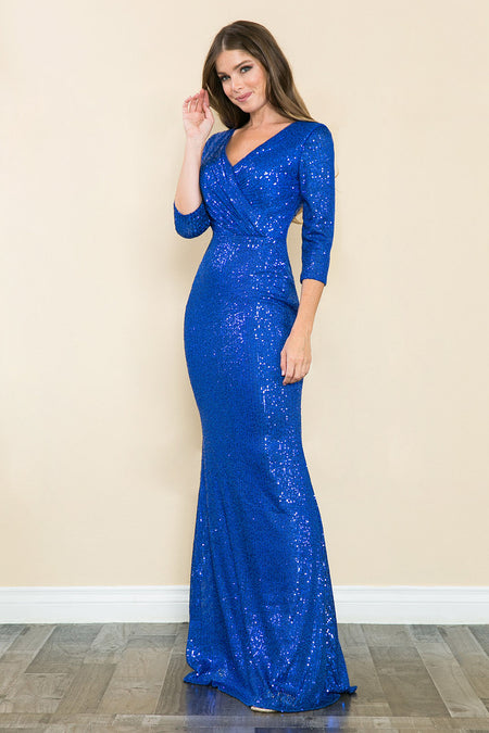 LA Merchandise LAF8186 Sequin 3/4 Sleeve Evening Gown V-neck Flattering Fit for Mother Of The Bride Dress