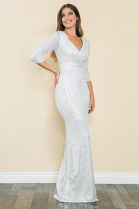 LA Merchandise LAF8186 Sequin 3/4 Sleeve Evening Gown V-neck Flattering Fit for Mother Of The Bride Dress