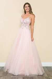 LA Merchandise LAF8182 Sheer Bodice & Floral Appliques Spaghetti Strap Tulle Dress