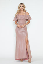 Load image into Gallery viewer, Off-Shoulder Glitter Knit Gown with Ruffled Overlay and Side Slit for Formal Events By LAF5316