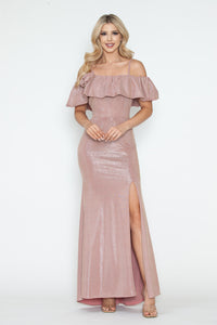 Off-Shoulder Glitter Knit Gown with Ruffled Overlay and Side Slit for Formal Events By LAF5316