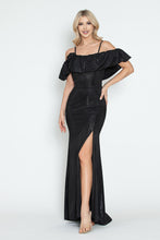 Load image into Gallery viewer, Off-Shoulder Glitter Knit Gown with Ruffled Overlay and Side Slit for Formal Events By LAF5316