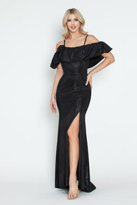 Off-Shoulder Glitter Knit Gown with Ruffled Overlay and Side Slit for Formal Events By LAF5316