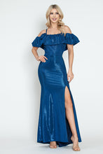 Load image into Gallery viewer, Off-Shoulder Glitter Knit Gown with Ruffled Overlay and Side Slit for Formal Events By LAF5316