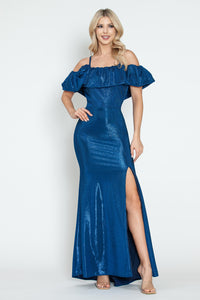 Off-Shoulder Glitter Knit Gown with Ruffled Overlay and Side Slit for Formal Events By LAF5316