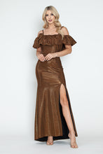 Load image into Gallery viewer, Off-Shoulder Glitter Knit Gown with Ruffled Overlay and Side Slit for Formal Events By LAF5316