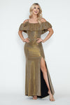 Load image into Gallery viewer, Off-Shoulder Glitter Knit Gown with Ruffled Overlay and Side Slit for Formal Events By LAF5316 - GOLD - Dress LAF