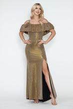 Load image into Gallery viewer, Off-Shoulder Glitter Knit Gown with Ruffled Overlay and Side Slit for Formal Events By LAF5316