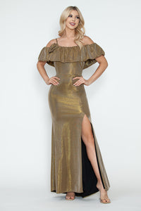 Off-Shoulder Glitter Knit Gown with Ruffled Overlay and Side Slit for Formal Events By LAF5316