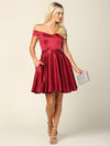 Cargar imagen en el visor de la galería, LAV3431 Wholesale Off-Shoulder Satin Short Homecoming Dress with Pockets &amp; Lace-Up Corset Back - Merlot - Cocktail Dress LAV