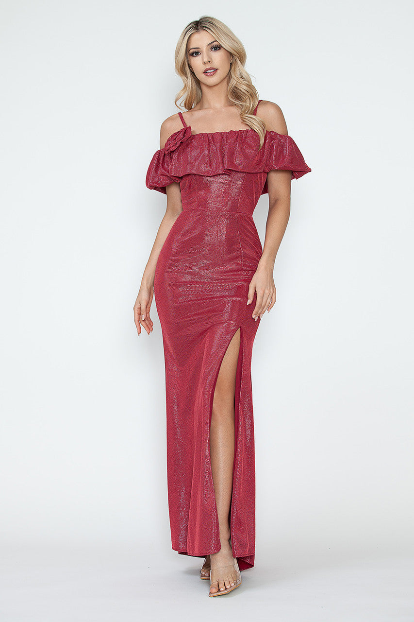 Off-Shoulder Glitter Knit Gown with Ruffled Overlay and Side Slit for Formal Events By LAF5316