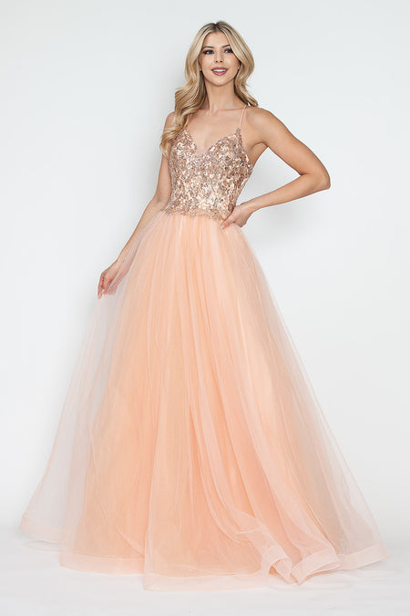 LA Merchandise LAF8236 Sequin Bodice Tulle Spaghetti Straps Glitter Prom Dress