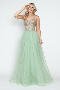 LA Merchandise LAF8236 Sequin Bodice Tulle Spaghetti Straps Glitter Prom Dress
