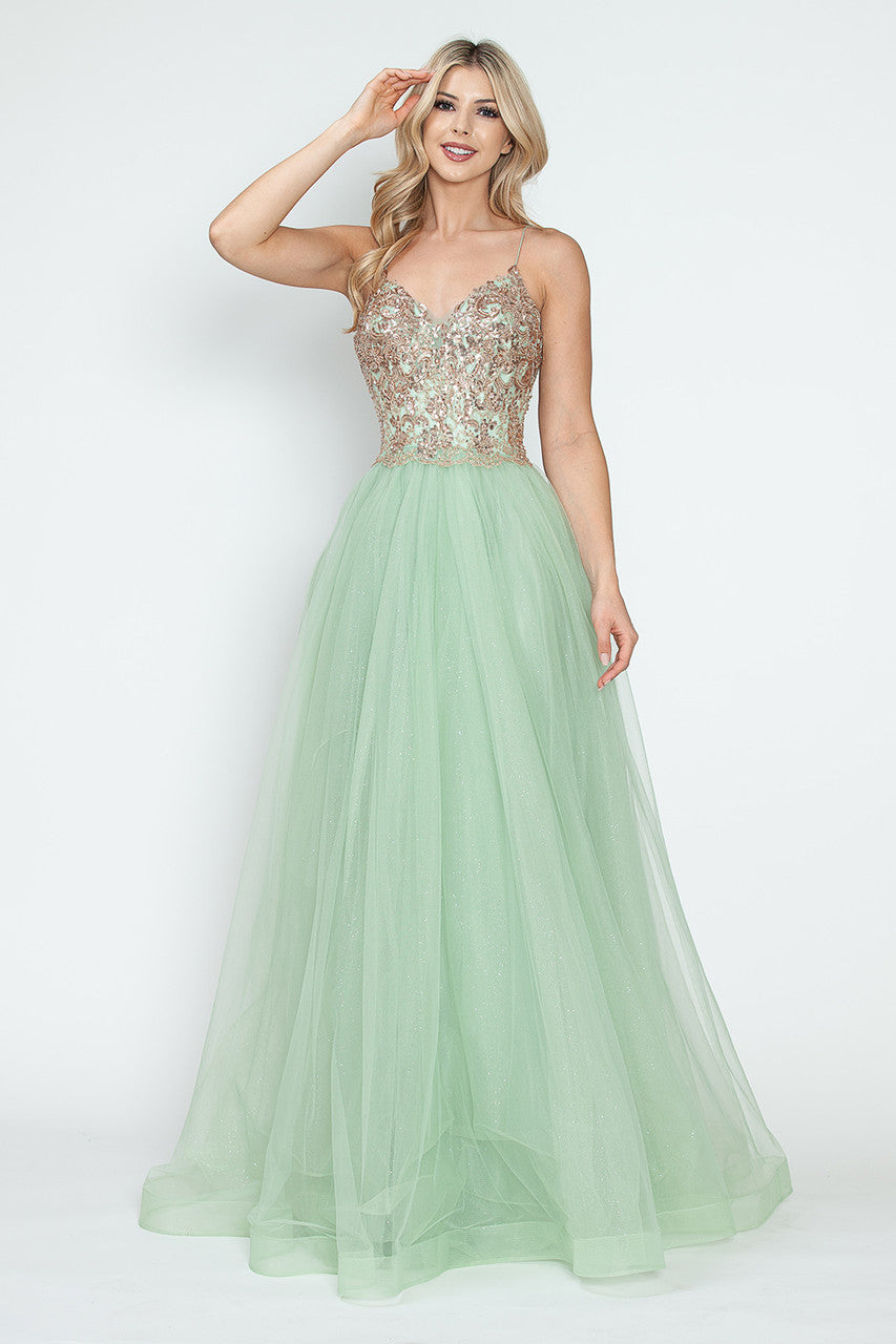 LA Merchandise LAF8236 Sequin Bodice Tulle Spaghetti Straps Glitter Prom Dress