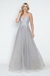 Load image into Gallery viewer, LA Merchandise LAF8319 Glitter Tulle A-Line Gown with Leaf Appliqué Bodice &amp; Spaghetti Straps - SILVER - Dress LAF