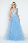 Load image into Gallery viewer, LA Merchandise LAF8319 Glitter Tulle A-Line Gown with Leaf Appliqué Bodice &amp; Spaghetti Straps - PERRY BLUE - Dress LAF