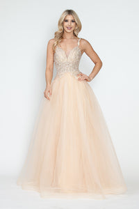 LA Merchandise LAF8319 Glitter Tulle A-Line Gown with Leaf Appliqué Bodice & Spaghetti Straps