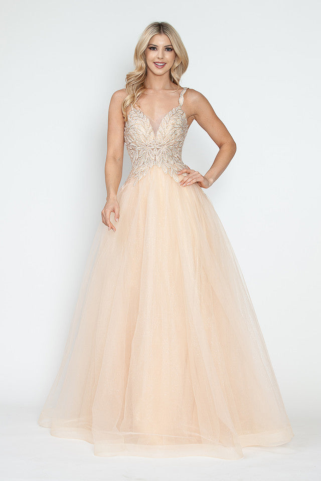 LA Merchandise LAF8319 Glitter Tulle A-Line Gown with Leaf Appliqué Bodice & Spaghetti Straps