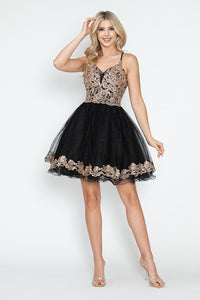 LA Merchandise LAF8238 Sequin Bodice Tulle Short Party Dress V-Neck Spaghetti Straps HOCO Dress