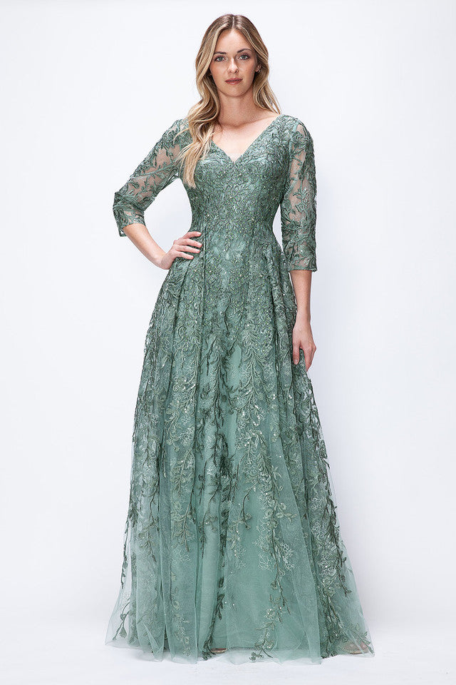 LA Merchandise LAF8356 3/4 Sleeve Embroidered A-Line Gown Mother of the Bride Dress