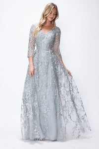LA Merchandise LAF8356 3/4 Sleeve Embroidered A-Line Gown Mother of the Bride Dress