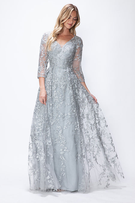LA Merchandise LAF8356 3/4 Sleeve Embroidered A-Line Gown Mother of the Bride Dress