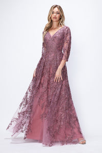 LA Merchandise LAF8356 3/4 Sleeve Embroidered A-Line Gown Mother of the Bride Dress