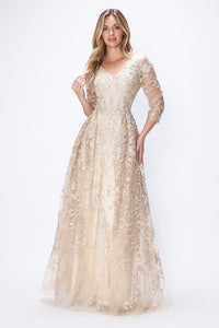 LA Merchandise LAF8356 3/4 Sleeve Embroidered A-Line Gown Mother of the Bride Dress