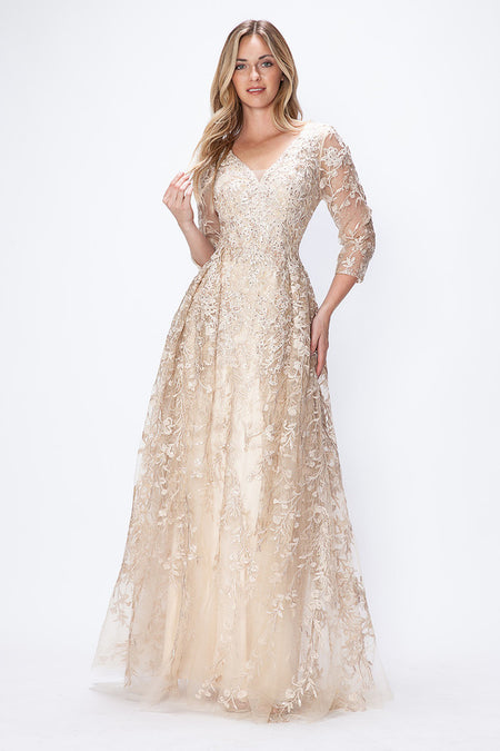 LA Merchandise LAF8356 3/4 Sleeve Embroidered A-Line Gown Mother of the Bride Dress