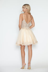 LA Merchandise LAF8234 Glitter Embroidered Short A-Line Party Dress with V-Neck and Illusion Bodice