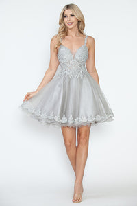 LA Merchandise LAF8234 Glitter Embroidered Short A-Line Party Dress with V-Neck and Illusion Bodice