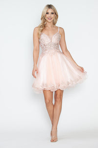 LA Merchandise LAF8234 Glitter Embroidered Short A-Line Party Dress with V-Neck and Illusion Bodice