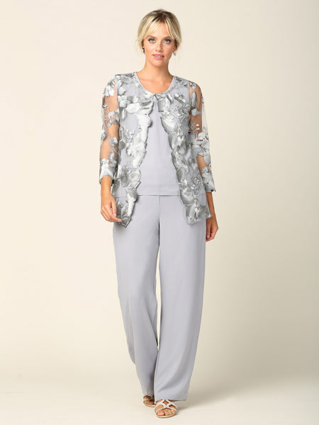 LA Merchandise LAV3426 3-Piece Mother of the Bride Pantsuit with Sheer Floral Jacket Elegant Evening Set