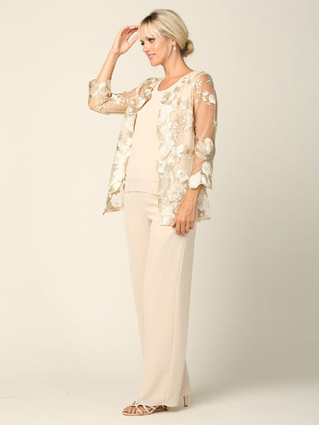 LA Merchandise LAV3426 3-Piece Mother of the Bride Pantsuit with Sheer Floral Jacket Elegant Evening Set