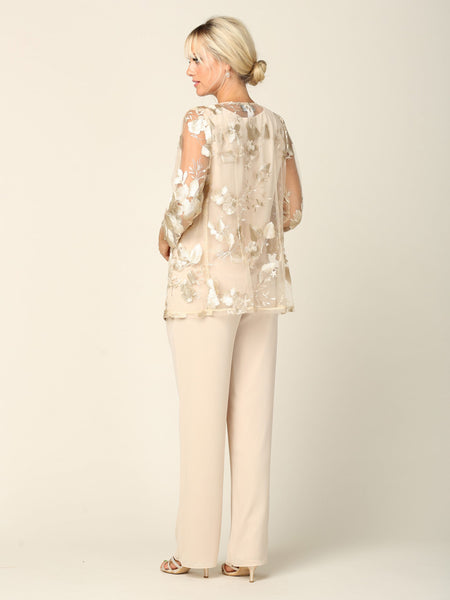 LA Merchandise LAV3426 3-Piece Mother of the Bride Pantsuit with Sheer Floral Jacket Elegant Evening Set