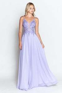 LA Merchandise LAF8185 Lace Appliqué Spaghetti Strap A-Line Gown Formal Prom & Evening Dress