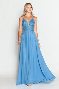 LA Merchandise LAF8185 Lace Appliqué Spaghetti Strap A-Line Gown Formal Prom & Evening Dress