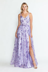 LA Merchandise LAF8235 Glitter Floral A-Line Evening Gown with Slit–Spaghetti Straps & Sweetheart Neckline