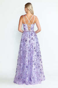 LA Merchandise LAF8235 Glitter Floral A-Line Evening Gown with Slit–Spaghetti Straps & Sweetheart Neckline